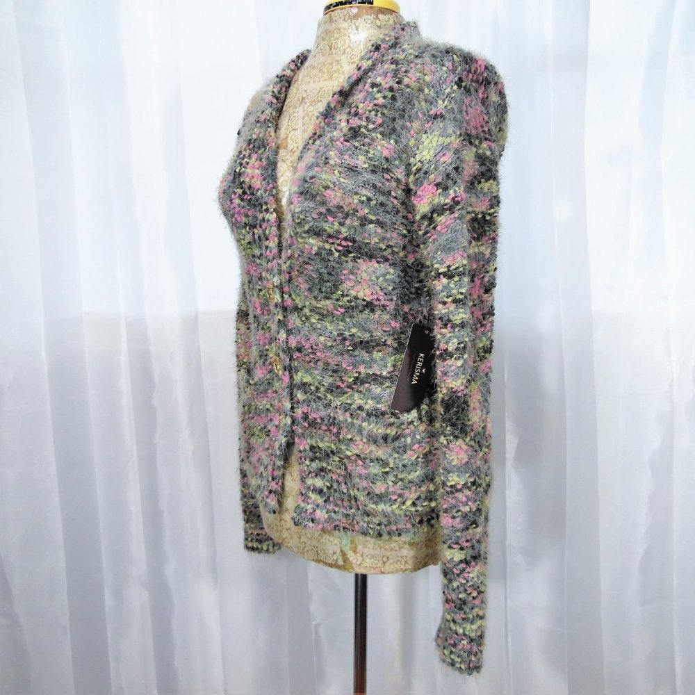 Fuzzy Multicolor Popcorn Knit Button Up Cardigan … - image 3
